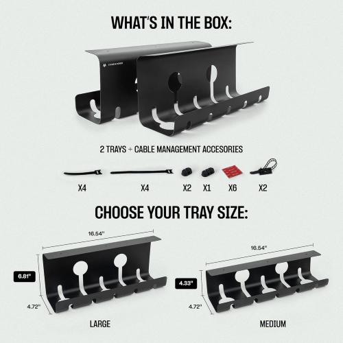 No-Drill Under Desk Cable Management Tray - 2-Pack Wire Organizer for Standing Desk - Cord Management System with Power Strip Holder - L