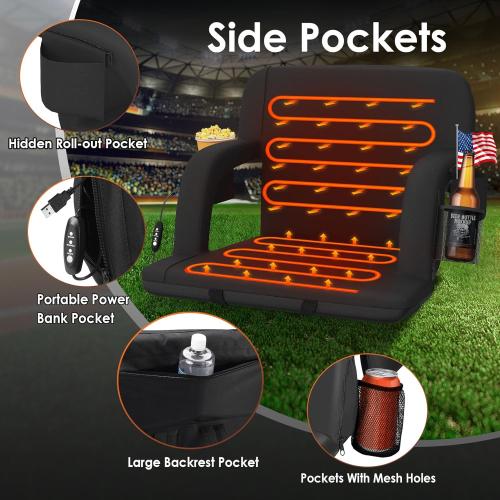 HOPERAN Heated Stadium Seats for Bleachers with Back Support and Wide Cushion, Extra Portable Bleacher Seat Foldable Stadium Chair, USB 3 Levels of Heat, 5 Pockets for Outdoor Camping Games Sports