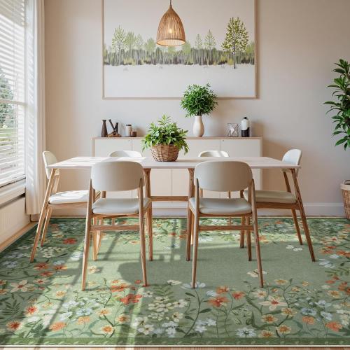 Wonnitar Washable 8x10 Living Room Area Rug, Large Green Floral Rugs for Bedroom, Non-Slip Soft Botanical Area Rug Throw Carpet for Dining Guest Room Playroom (Green,8'x10')