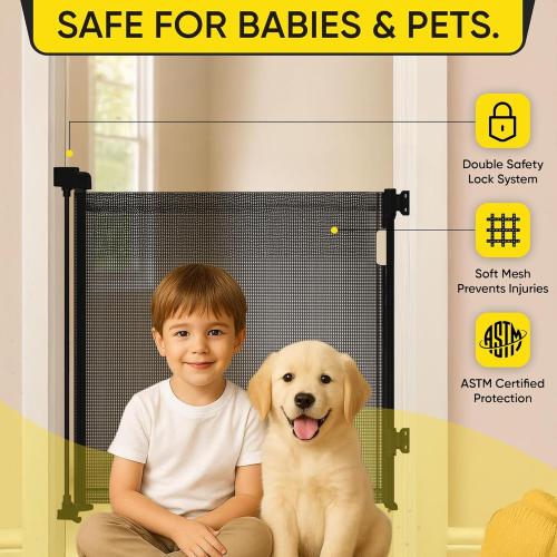 Retractable Baby Gate – 35 Tall, 55 Wide Mesh Safety Gate for Dogs & Babies, Indoor/Outdoor Use for Stairs, Doorways, Hallways, Deck & Porch – Easy One-Handed Wall Mount Design
