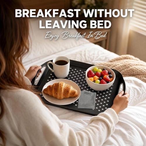 Large Nonslip Serving Tray with Handles, Silicone Grippy Dots Lap Food Trays for Eating, Dishwasher Safe Serve for Breakfast Dinner Snack Fruit Appetizers Beverage, Rectangular, Set of 2, Black