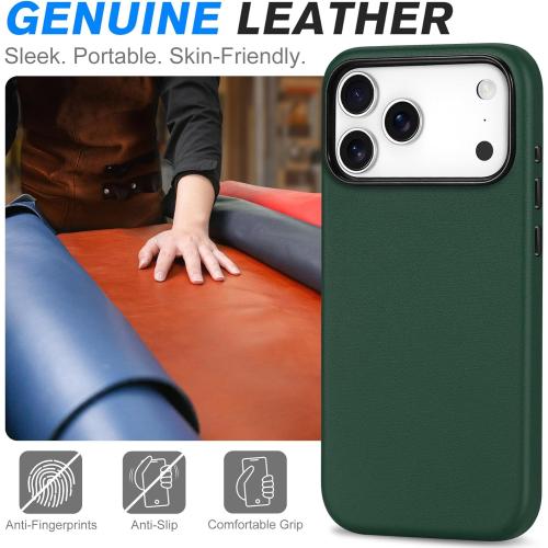 SHIELDON Genuine Leather Case for iPhone 17 Pro Max 6.9 2025 | [Camera Button Updated], Compatible with Magsafe, Magnetic Wireless Charging, Slim Fit, Shockproof, Protective Phone Cover - Evergreen
