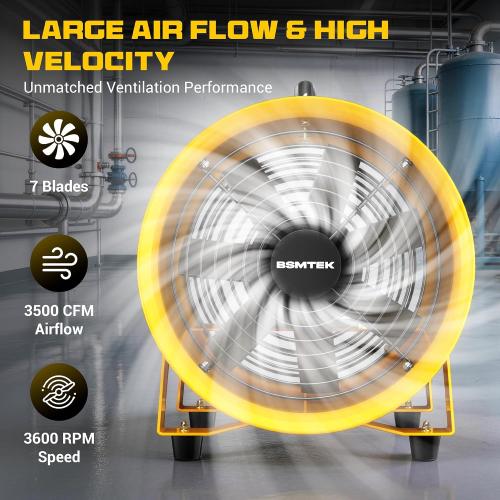 12 Inch High-Portable Exhaust Fan, 3500CFM 550W with 33FT Duct Hose, Low-Noise Industrial Portable Ventilator Blower for Basements, Workshops, Warehouses, Confined Spaces