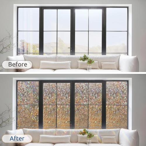 rabbitgoo Window Privacy Film Rainbow Film Decorative Window Sticker, 3D Static Stained Glass Cling Tint for Home Heat Control Non-Adhesive, Brown, 17.5 x 78.7 inches