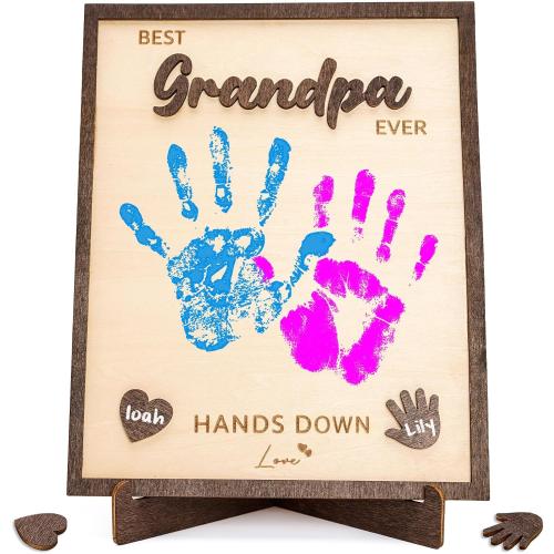 Best Grandpa Ever Gifts - Personalized Wooden Handprint Plaque, DIY Keepsake Craft Kit from Grandkids, Meaningful Family Decor to Capture Precious Memories, Unique Birthday Christmas Gift for Grandpa