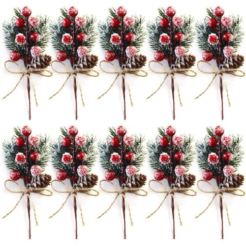 Christmas Pine Picks, 6inch Christmas Red Berry Picks Stems, Artificial Pine Cones Holly Stem Craft, Winter Holiday Flocked Holly Floral Picks for Crafts DIY Xmas Tree Ornaments