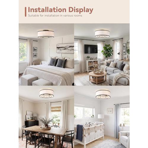 Low Profile Ceiling Fans with Lights, 20 Black Boho Ceiling Fan with Light Flush Mount and Remote Control, Drum Caged with 6 Speeds for Bedroom, Nursery, Living Room