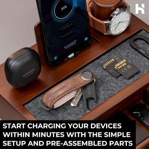 Color brown Holme & Hadfield Premium Wooden Phone Docking Station with Drawer – Nightstand Organizer for Charging Phone & Earbuds – Declutter Your Space with Felt-Lined Protection & Watch Pillar - Gift For Men