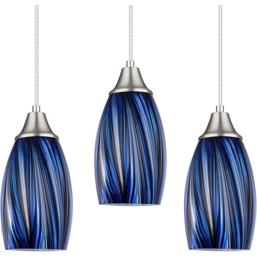 Dark Blue Glass Mini Pendant Lights for Kitchen Island 3Pack Blown Art Glass Pendant Lighting Shade Hanging Pendant Lights with Brushed Nickel Finish for Kitchen Over Sink,Dining Room