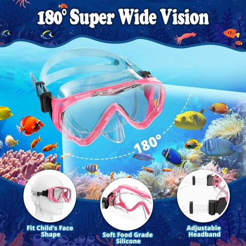 Color Pink  Kids Snorkel Set for Age 4-14 - Dry Top Snorkeling Gear for Kids Junior & Youth - Childs Diving Mask with Big Eyes for Boys Girls - Anti-Fog Snorkeling Mask and Snorkel Set