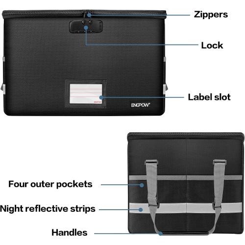 ENGPOW File Box with Lock,Fireproof Document Box with Zipper＆Pockets,Collapsible File Organizer Filing Storage Cabinet with Handle,Portable Home Office Safe for Hanging Letter/Legal Folder,Black