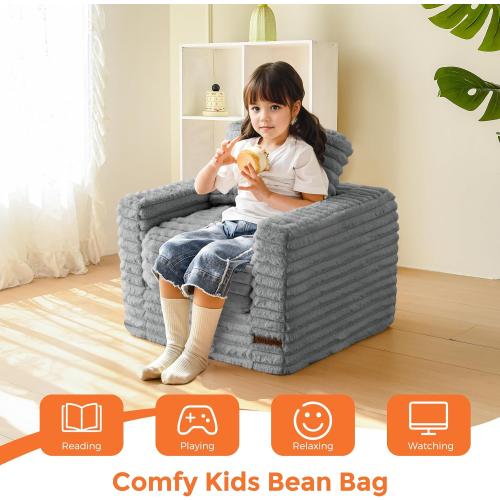 MAXYOYO Kids Bean Bag Chair, Comfy Faux Fur Bean Bag Sofa with Filler, Upholstered Floor Sofa with Pillows and Armrests, Lazy Floor Chair Couch for Boys and Girls, Grey