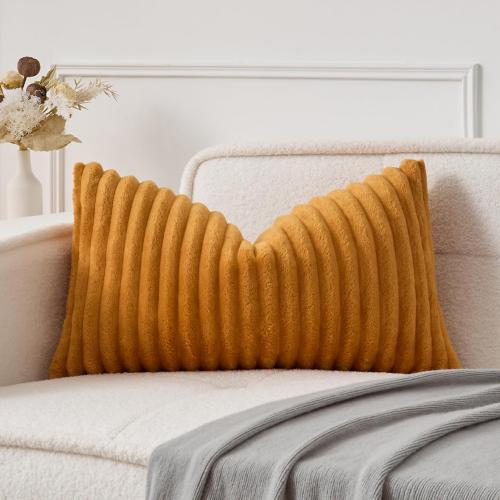 UGASA Lumbar Throw Pillow Cover 14x24 Inch Set of 1 Super Soft Faux Fur Decorative Pillow Case Plush Flannel Texture Accent Rectangle Pillowcase for Sofa Couch Living Room Chair, Golden Yellow