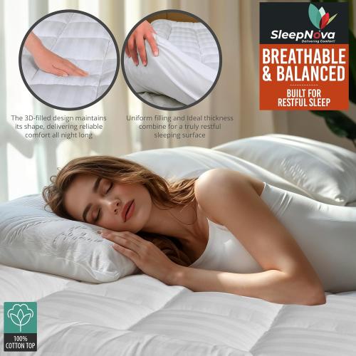 White 100% Cotton Top Queen Mattress Topper, Breathable & Cooling Mattress Topper, Elastic Fitted Mattress Pad, Mattress Cover for Back Pain Relief