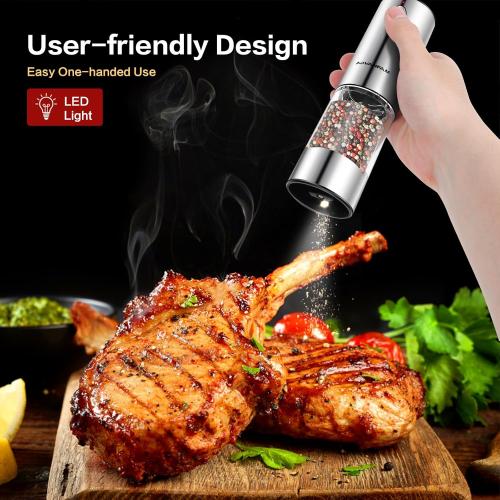 Upgraded Larger Capacity Electric Salt Pepper Grinder Stainless Steel Pepper Grinder with LED Light, Rechargeable Automatic Salt or Pepper Mill Features Adjustable Coarseness