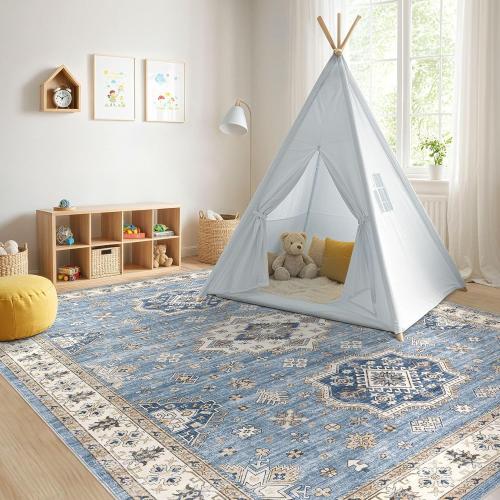 Washable Area Rugs for Living Room -Neutral Vintage Distressed Floral Farmhouse Boho Large Soft Floor Rug Indoor Non Slip Carpet for Living Room Bedroom Dining Room Office - Blue