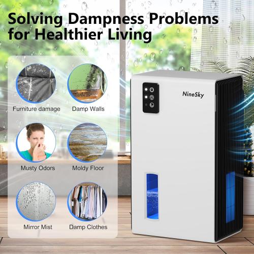 NineSky Dehumidifier for Home, 95 OZ Water Tank, (1000 sq.ft) Dehumidifiers for Bathroom Bedroom Basement with Auto Shut Off,7 Colors LED Light(White)