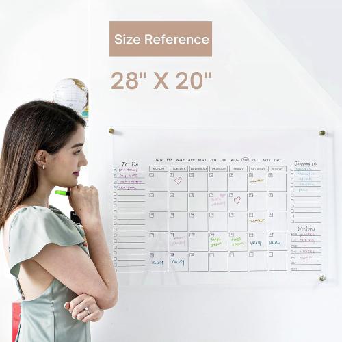 28x20 Large Oversize Crystal Clear Acrylic Wall Calendar Dry & Erase Board | 28 X 20 | Monthly Family Calendar Home Office Glass Calander Reusable Big Whiteboard | Free Pens & Eraser