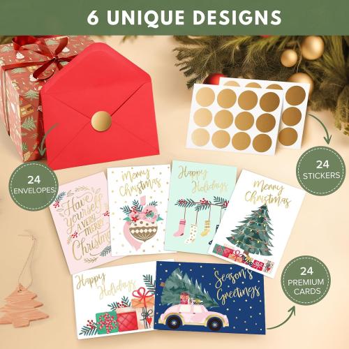 24 Pack Gold Foil Christmas Cards with Envelopes and Inside Messages 6 Assorted Designs Christmas Cards Bulk for Friends, Family, Kids, Boys, Girls.