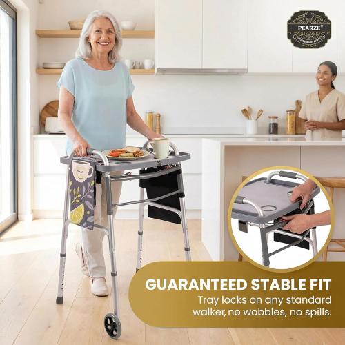 Walker Tray for Folding Walker with Cup Holders, Non-Slip Mat & Bag - Adjustable Universal Plastic Food Table for Seniors - Detachable Guardian Accessories - Removable Walker Trays for rolling walker