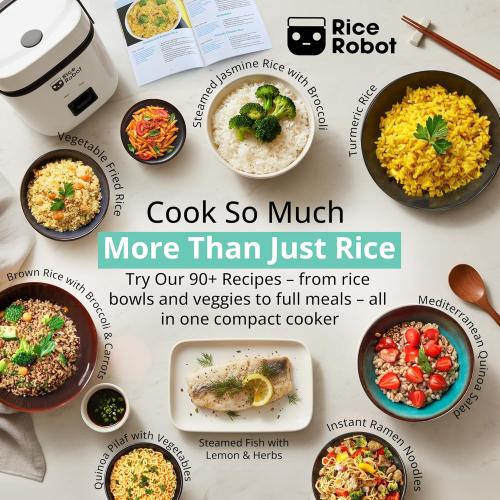 Rice Robot Personal Rice Cooker, PFAS-free, Nonstick. 1 Quart Capacity, with Stainless Steel Steamer Tray, Measuring Cups, Recipe Book with 60 Recipes, and Serving Spoon, As Seen On TV