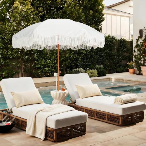 AMMSUN Boho Fringe Umbrella Outdoor Patio, 6.5ft UPF50  Picnic Umbrella with Tassels with Steel Pole and Push Button Tilt, Antique White