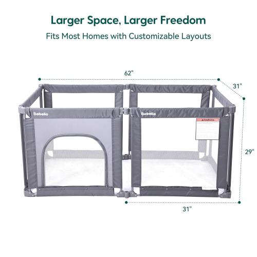 Babelio Wall Mountable Playard, Foldable Playpen for Babies and Toddlers- Adjustable Shape & Area, 62 * 31 Playpen with Zipper Gate, Portable Baby Fence for Indoor & Outdoor