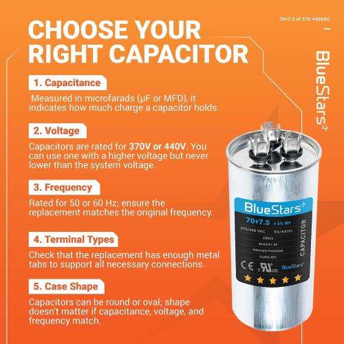 [UL Listed] BlueStars 70/7.5 uF 70 7.5 MFD 370 or 440 VAC Dual Capacitor