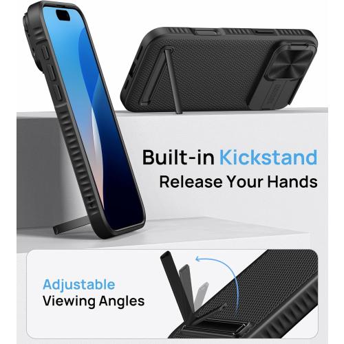 for iPhone 16 Pro Case Built-in Slide Camera Cover, Military-Grade Protection, Slim Compatible with MagSafe, Magnetic with Stand, Men Women Protective Phone Case for iPhone 16 Pro, Black