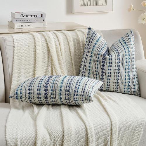 FUTEI Blue Grey Decorative Throw Pillow Covers 18x18 Inch Set of 2,Soft Cozy Chenille Jacquard Textured Cushion Case,Boho Home Decor for Couch Bed Living Room