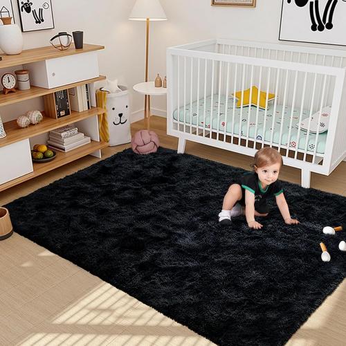 Black Rugs for Living Room Fluffy 5x7 ft Bedroom Rug Non-Slip Area Rugs Shag Carpet for Nursery Kids PlayRoom Dorm Office Indoor Modern Plush Carpets Boys