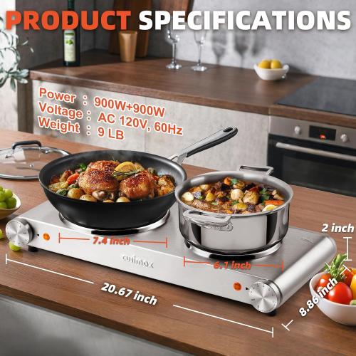 CUSIMAX Electric Hot Plate, 1800W Double Burner, Cast Iron Countertop Stove | Hot Plates for Cooking, Portable Countertop Cooktop, Works with All Cookware, Stainless Steel, Easy Cleanup,Upgraded Version