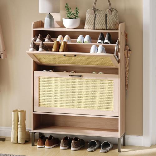 Rattan Shoe Storage Cabinet with 2 Flip Drawers, Narrow Freestanding Shoe Cabinet for Entryway, Slim Hidden Shoe Organizer Cabinet with Metal Legs for Hallway, Living Room, Bedroom