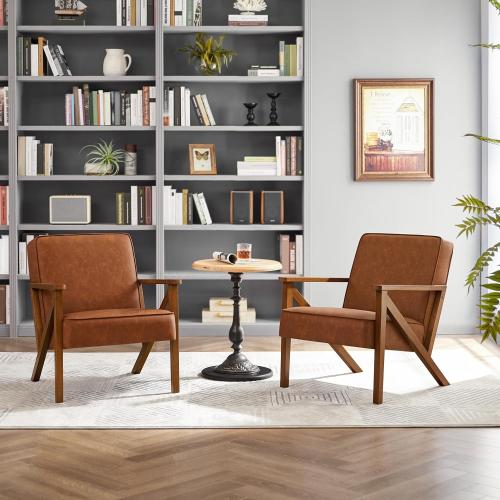 Yaheetech Accent Chair Faux Leather Armchair Lounge Chair with Wood Frame, Modern Retro Lounge Chair for Living Room/Office/Reception Area, Light Brown