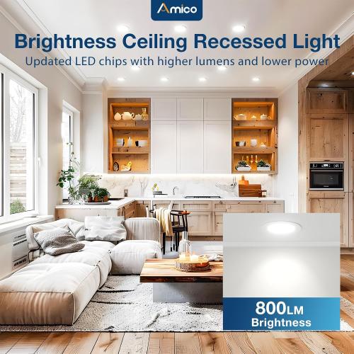 Amico  4 Inch 5CCT Ultra-Thin LED Recessed Dimmable Ceiling Light with Junction Box, 2700K/3000K/3500K/4000K/5000K Selectable, 10W Eqv 60W, 800 Lumens, High Brightness Downlight - ETL&FCC