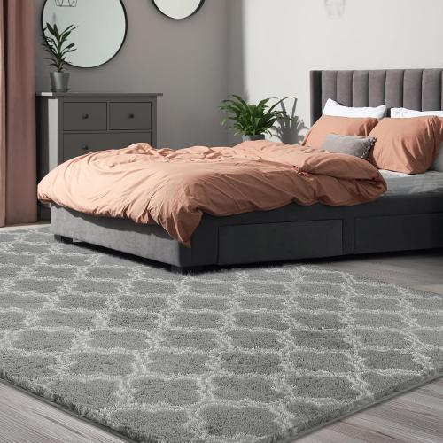 Shag Area Rug 5x7 Feet Extra Soft Rugs for Living Room, High Pile Indoor Carpet for Bedroom, Kids Room, Nursery, Home Decor, Geometric, Light Grey/White