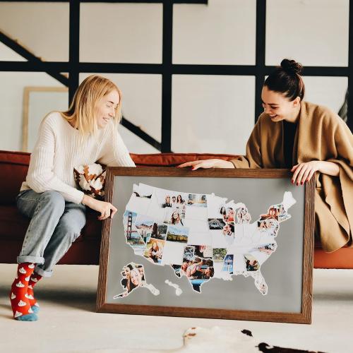 1DEA.me USA Photo Map - 50 States Travel Map - 24 x 36 in - Includes Secure Photo Maker - Easy to Use, Built to Last and Uniquely Yours - Unframed - Gray