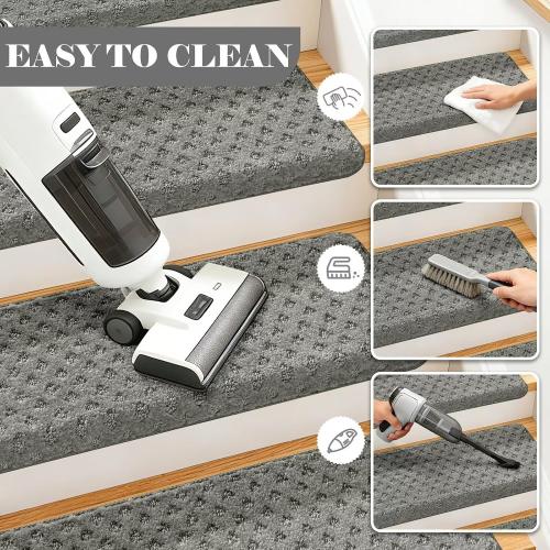 DEXDE Bullnose Carpet Stair Treads Non Slip for Wooden Steps Indoor, 30 x 9.5 x 1.7 (14 Pack) Grey - Peel and Stick Stair Runner Rugs with Edge Protection, Washable & Reusable Pet Friendly Mats