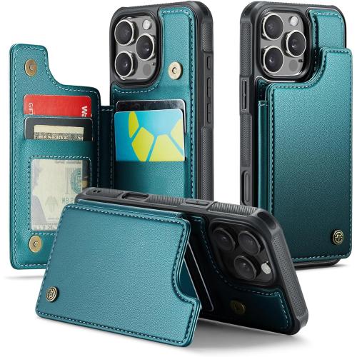 Compatible with iPhone 16 Pro 6.3 Wallet Case with Card Holder RFID Blocking for Women Men, Double Magnetic Clasp Kickstand Shockproof Phone Case Fit for iPhone 16 Pro, Bluish Green