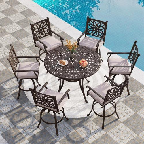 Outdoor Swivel Bar Stools Set of 2, Cast Aluminum Patio Bar Height Chairs with Seat Cushion, All-Weather Bar Dining Chairs Metal Bistro Chairs
