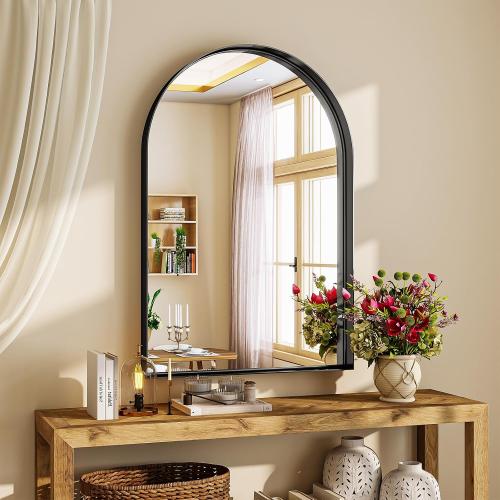 24 x 36 Luxury Arched Bathroom Mirror - Arch Wall Mirror with Shatterproof Tempered Glass and Metal Deep Frame, Hanging or Leaning for Living Room, Dresser, Entrance and Hallway, Black