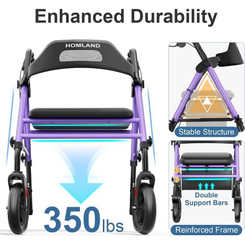 HOMLAND Foldable Rollator Walker with Seat for Seniors, 16 Enlarged Seat | 8 Big Wheels, 16×12x1.9 Thick Padded Seat, Adjustable Seat & Handle Height, Tool-Free Assembly, All Terrain Mobility Aid