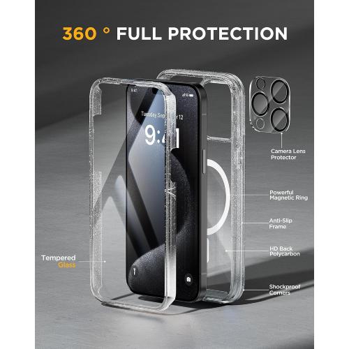 Miracase Magnetic for iPhone 15 Pro Max Case 6.7'' [Compatible with Magsafe] Full-Body Drop Proof Phone Case for iPhone 15 Pro Max with Built-in 9H Tempered Glass Screen Protector,Clear Glitter