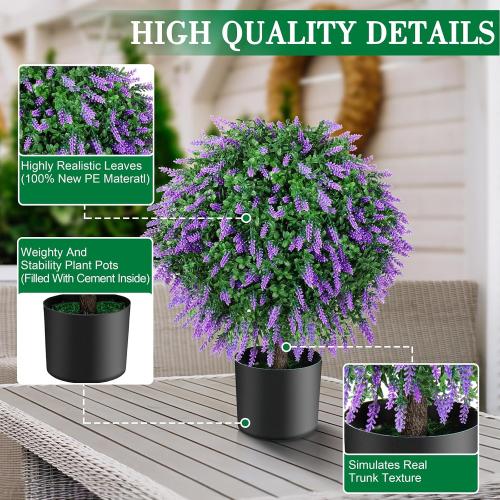 21.6“ Artificial Lavender Topiary Ball Trees Set of 2, UV Protected Outdoor Faux Potted Plants with Cement Pot, Evergreen Shrubs Bushes for Front Door Porch Garden Backyard