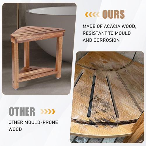 Shower Foot Rest 14in, Acacia Wood Shower Stool for Shaving Legs, Waterproof Corner Shower Stool with Storage Shelf for Inside Small Shower Spaces, Wood Color