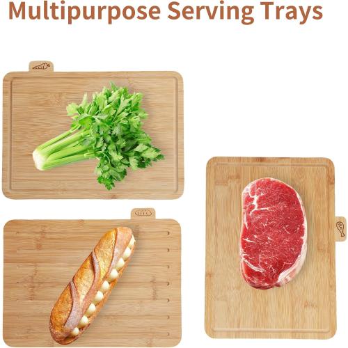 12.6L x 9W Bamboo Cutting Board Set of 4 - Wood Cutting Board Set with Holder, Chopping Boards Set with Food Icons, Juice Groove - Ideal for Meat, Fish, Bread, Vegetable, Fruit Chopping