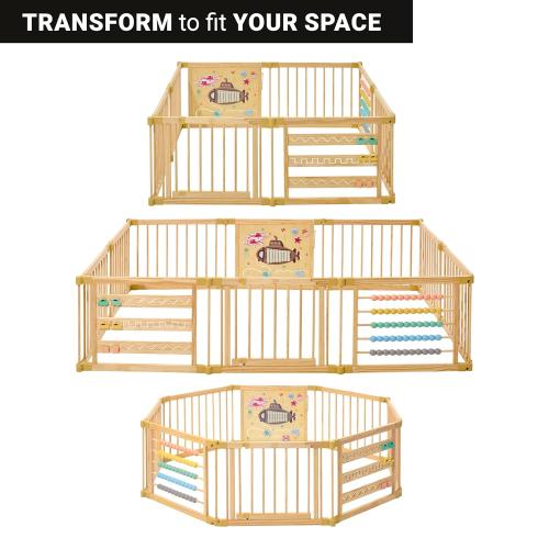 Wooden Playpen Extra Large for Toddlers and Babies - Under The Sea Theme Toy Design - (8/10) Wood Panels - Foldable and Adjustable Baby playpen - Extra Large Baby playpen (8-Panels)