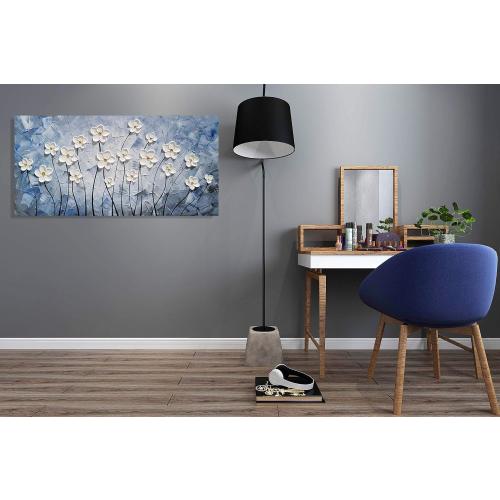 YHSKY ARTS 3D Hand - Painted White Floral Wall Art with Printed Blue Background, Textured Flower Decor for Home