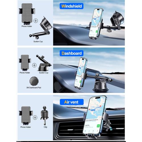 Qifutan Dash Mounted Holders Phone Holders for Your Car Phone Mount for Car Windshield Dashboard Air Vent Universal Desk Mounts Hands Free Automobile Cell Phone Holder Fit for iPhone Smartphone
