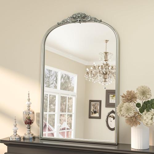 Keonjinn Vintage Mirror 24 x 36, Antique Mirrors for Wall Decor, Silver Arched Decorative Mirror for Mantle, Hallway, Living Room, Fireplace, Bedroom, Bathroom Mirror with French Cleat Mounting